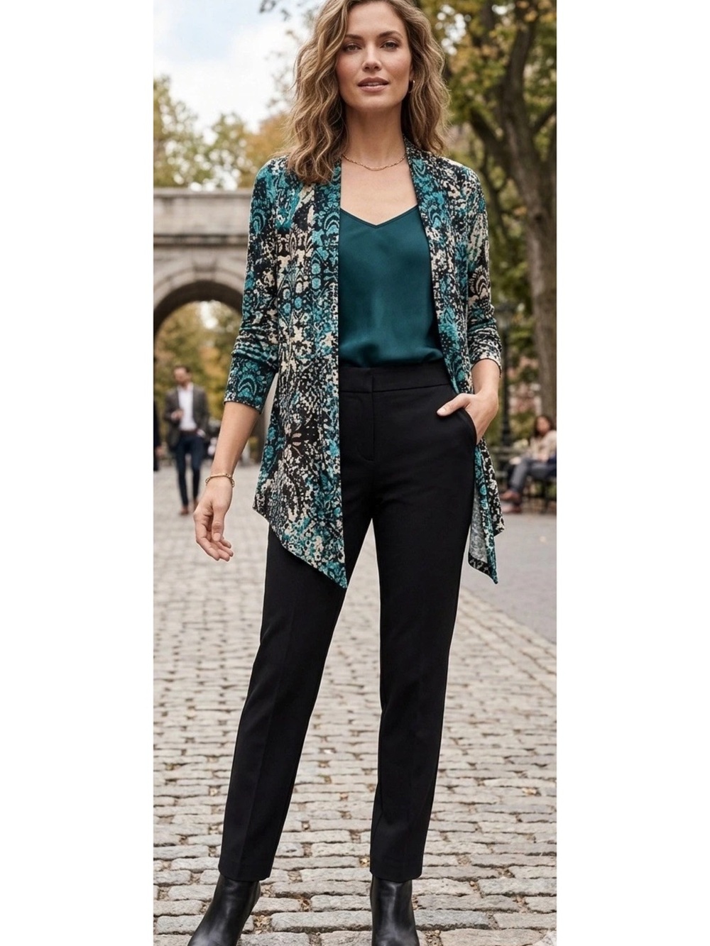 Chico's Teal Printed Open-Front Cardigan